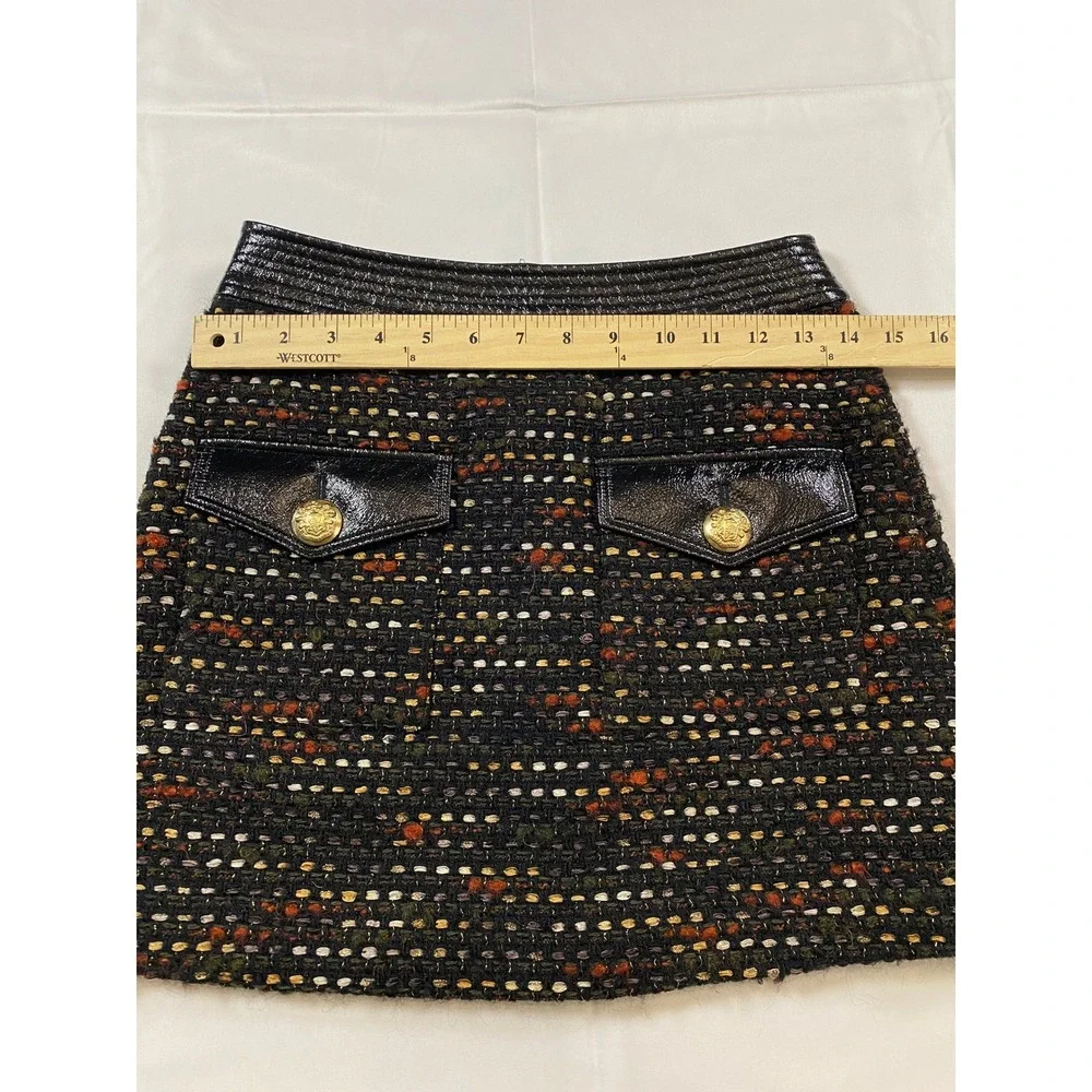 Veronica Beard Lucy Tweed Mini Skirt Black Multi‎ Metallic Gold Crest Buttons 0